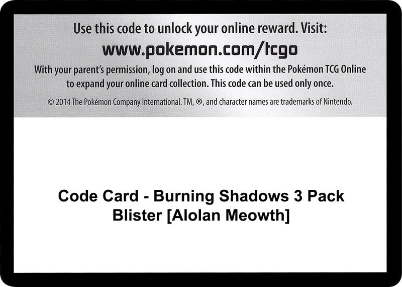 Image for Code Card - Burning Shadows 3 Pack Blister [Alolan Meowth] - Pokemon
